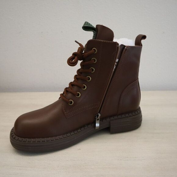 HZM 21DJL3138-1 Women Sz 40 US 9.5 Coffee Brown Leather Lace-Up Zip Combat Boots - Picture 8 of 9